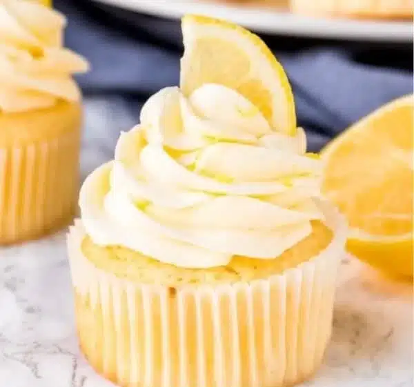 Delicious lemon cupcakes topped with creamy lemon frosting