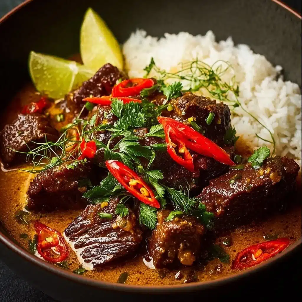 Bowl of lemongrass coconut braised beef with mushrooms served with rice.