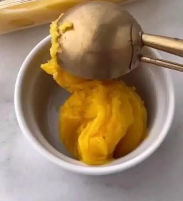 Delicious mango sorbet in a bowl with fresh mango slices on top
