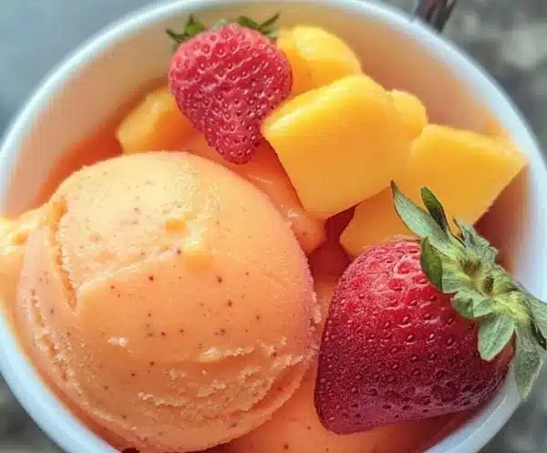 A bowl of vibrant Mango Strawberry Sorbet served with fresh strawberries and mango slices