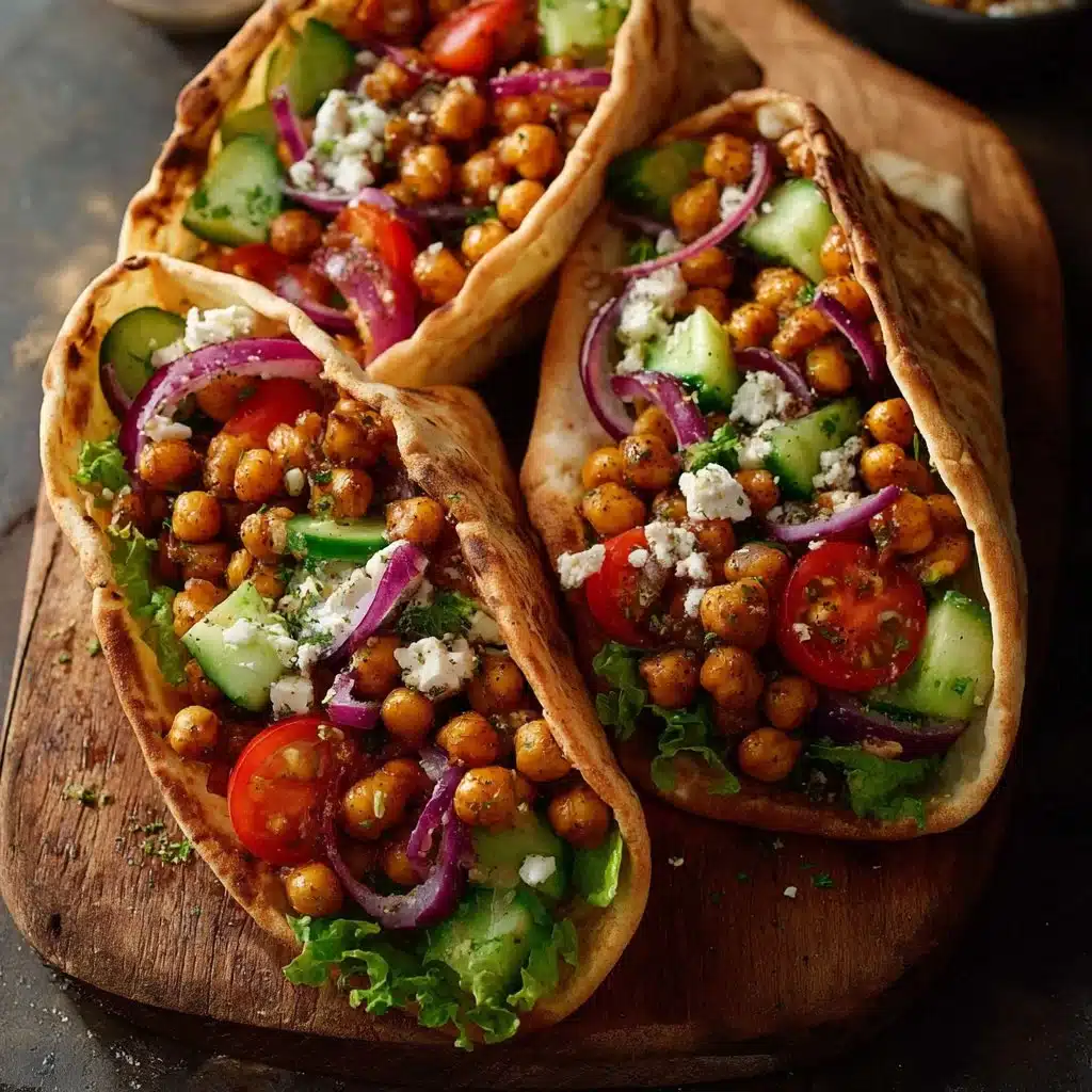 Mediterranean chickpea pita tacos filled with fresh vegetables and spices.