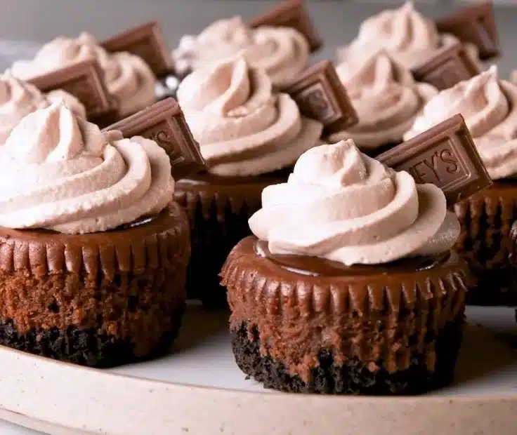 Mini Death by Chocolate Cheesecakes topped with chocolate ganache