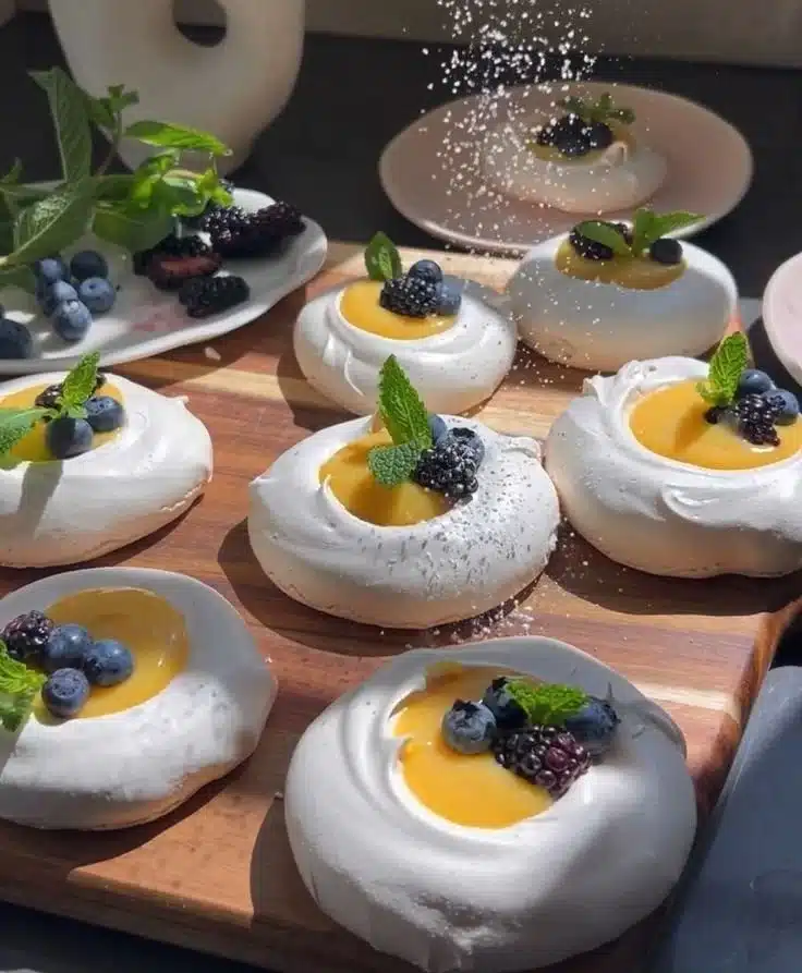 Mini meringues served with vibrant citrus curd on a dessert plate.