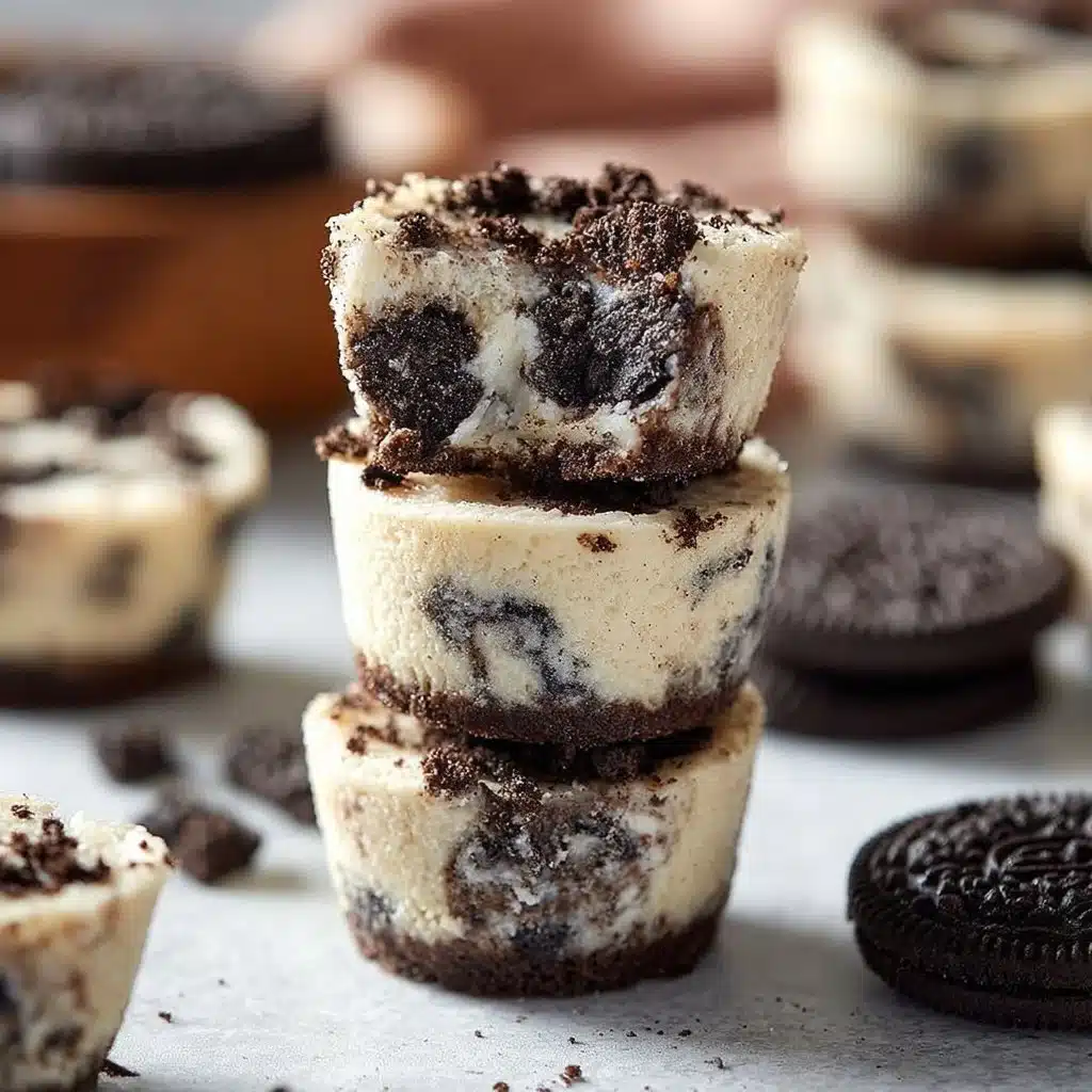 Mini Oreo cheesecakes topped with crushed Oreos and chocolate drizzle