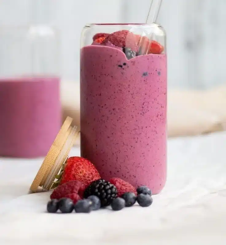 A delicious mixed berry smoothie with strawberries, blueberries, and raspberries.