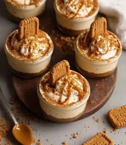 No-bake Biscoff cheesecake cups topped with whipped cream and Biscoff crumbs.