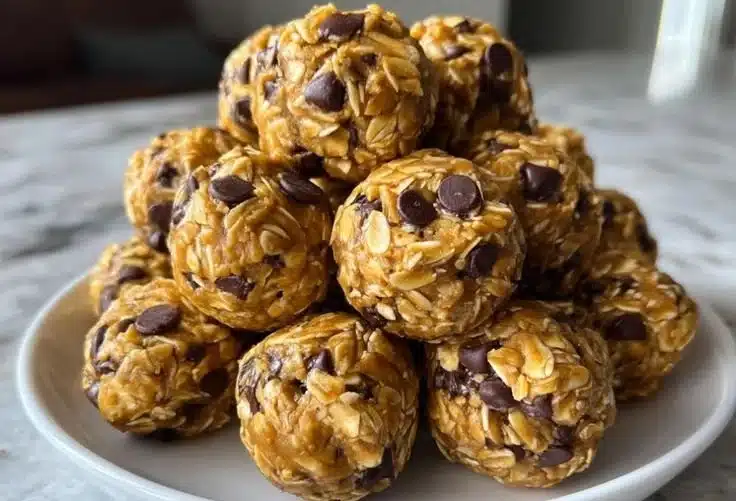 No-bake chocolate peanut butter protein balls on a plate