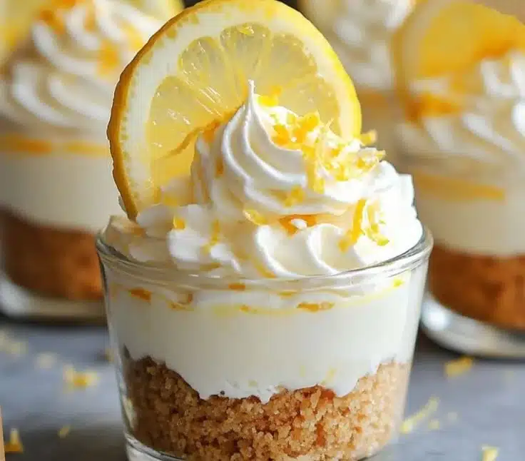 No-bake lemon cheesecake cups topped with fresh lemon zest and berries