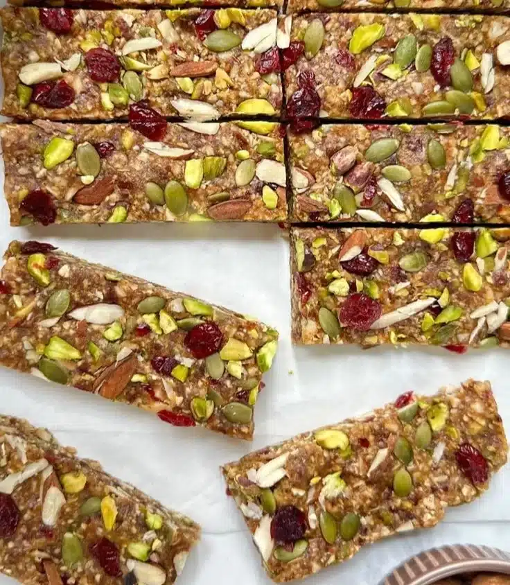 Homemade no-bake protein bars with nuts and chocolate