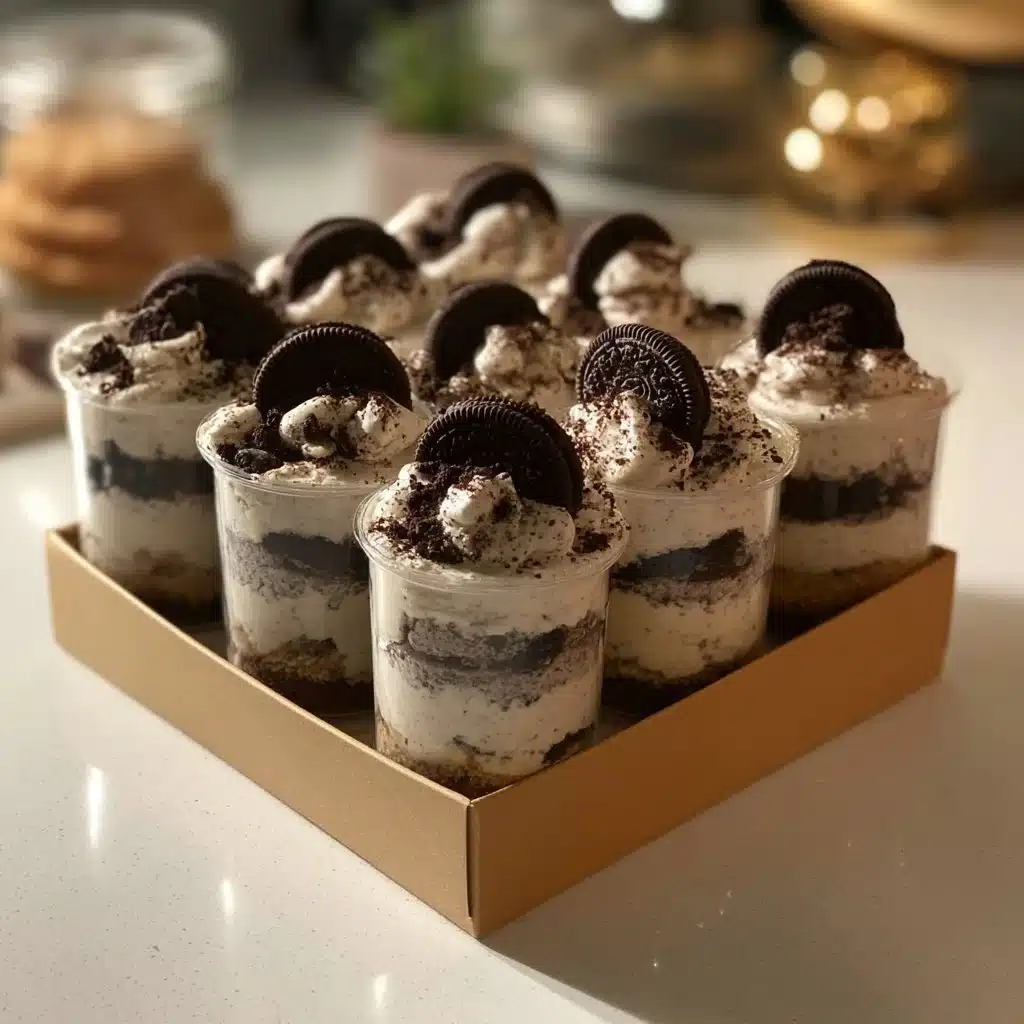 Oreo Cheesecake Shooters in clear glasses garnished with crushed Oreos.