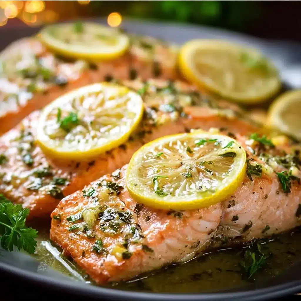 Delicious oven roasted salmon garnished with herbs and lemon