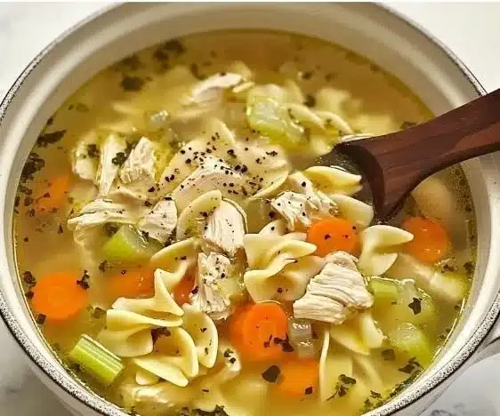 Bowl of quick and easy chicken noodle soup with fresh ingredients