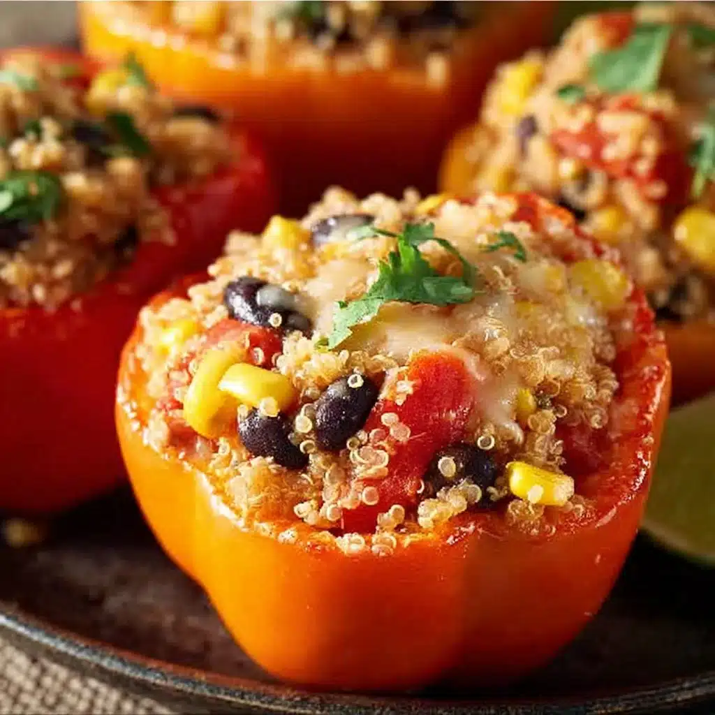 Colorful quinoa stuffed peppers filled with fresh vegetables and herbs