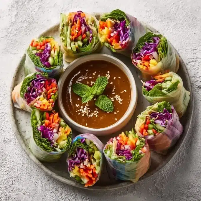 Colorful rainbow veggie rice paper rolls filled with fresh vegetables