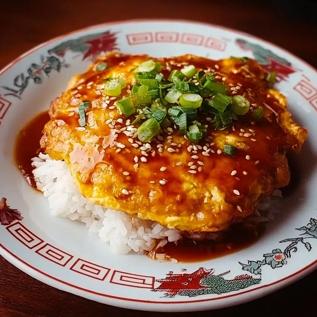 Savory chicken egg foo young served on a plate with vegetables and sauce