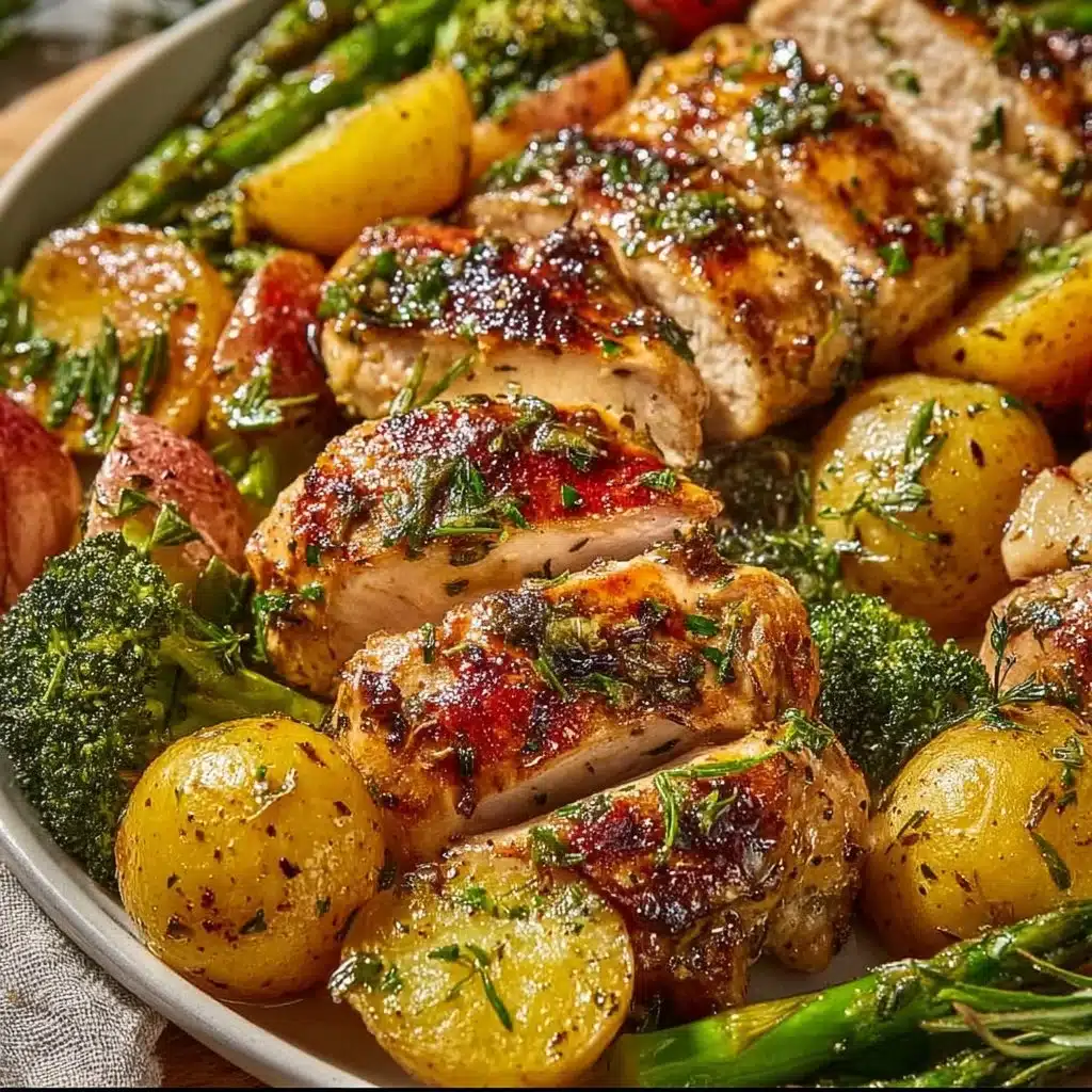 Sheet pan of garlic butter chicken and colorful roasted veggies