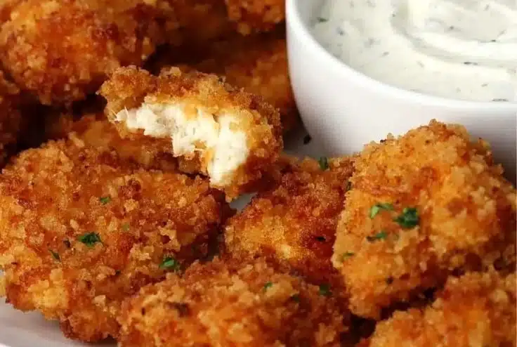 Crispy spicy chicken nuggets served with dipping sauce
