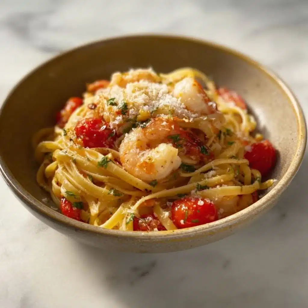 A plate of spicy garlic shrimp pasta garnished with herbs and chili flakes