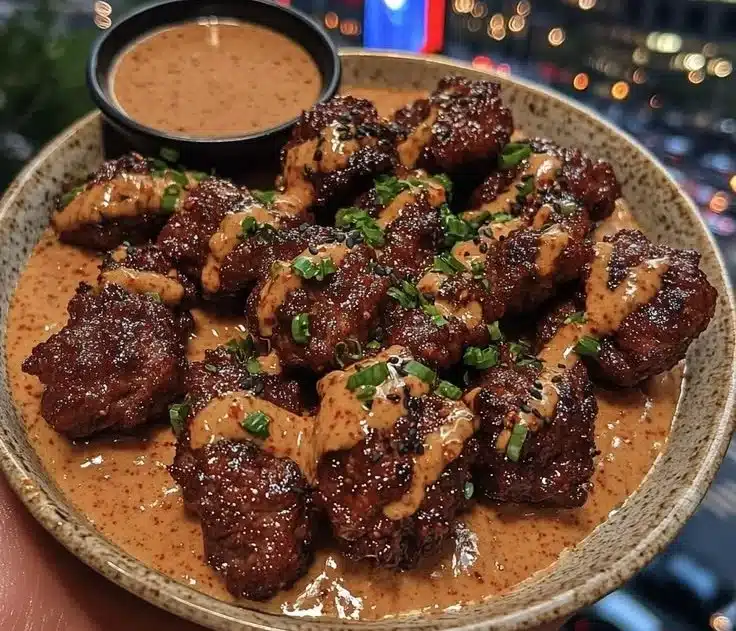 Spicy Korean Beef Bites with Gochujang Dipping Sauce served on a plate