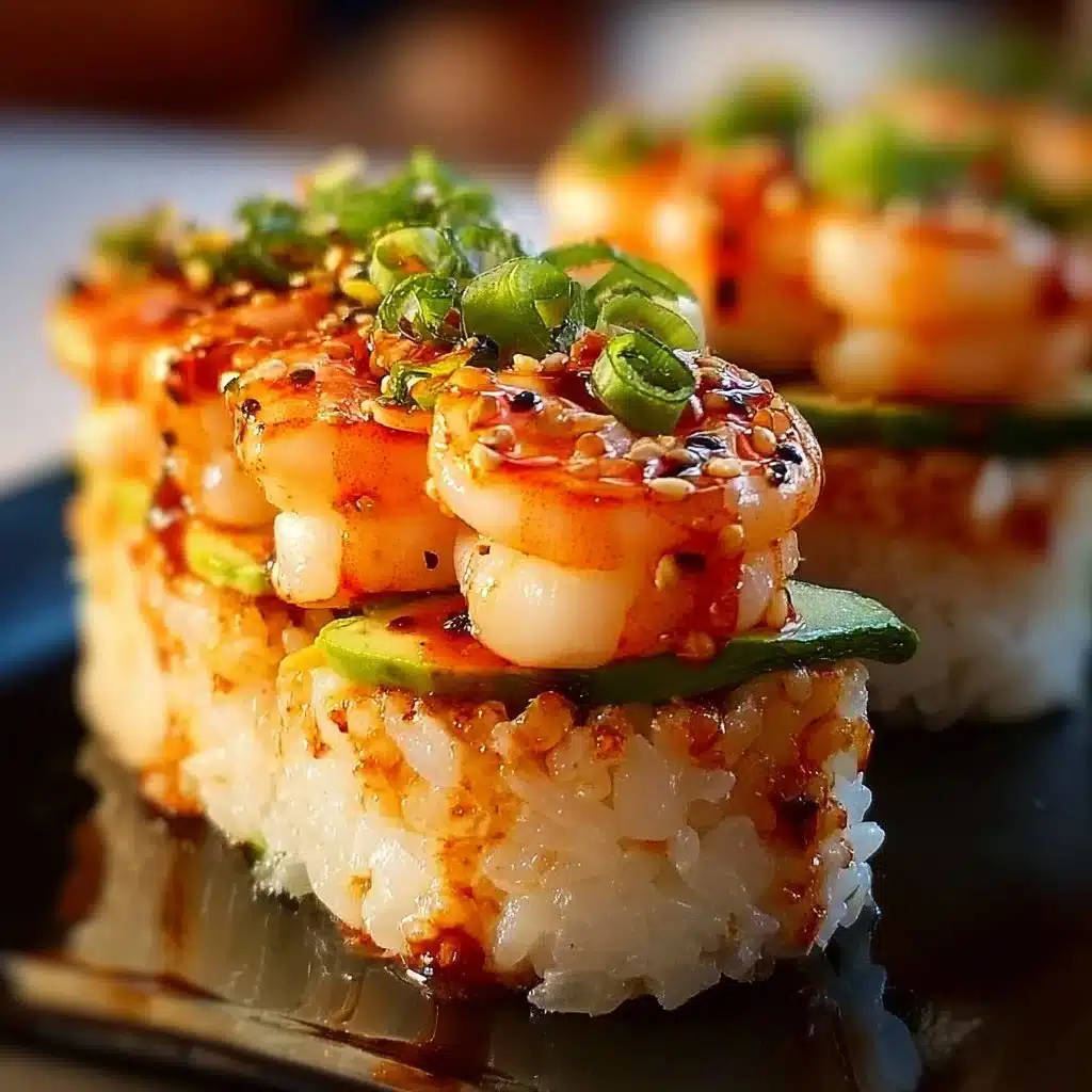 Spicy shrimp sushi stacks garnished with avocado and sesame seeds