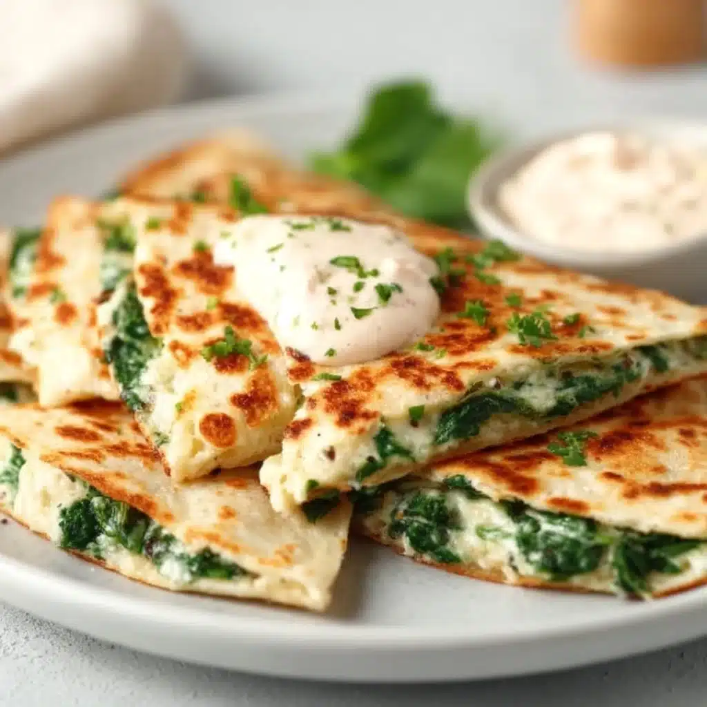 Spinach and Feta Quesadillas served on a plate, garnished with herbs.