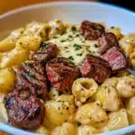 Delicious steak bites served with shell pasta in garlic butter Alfredo sauce