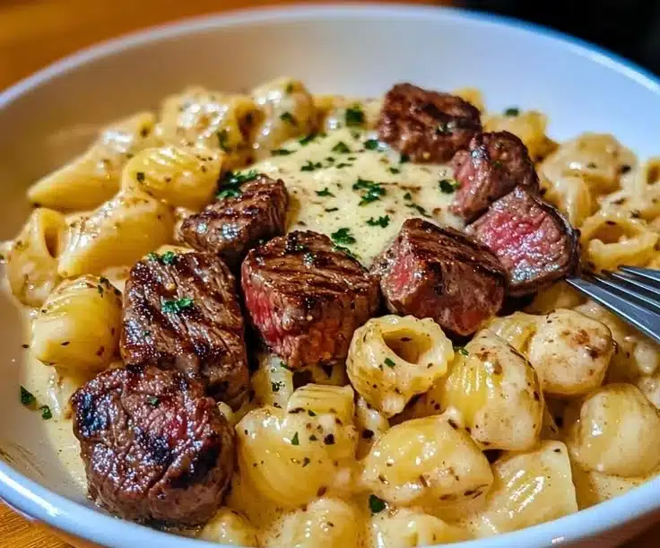 Delicious steak bites served with shell pasta in garlic butter Alfredo sauce