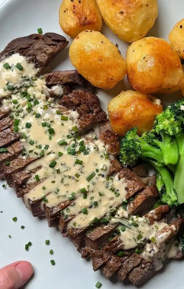Juicy steak with garlic herb cream sauce garnished with fresh herbs