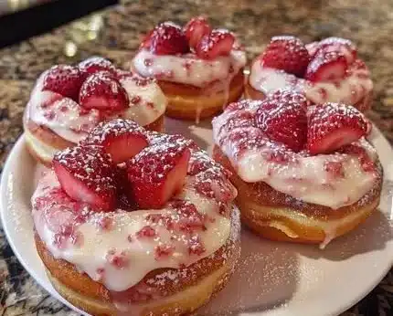 Strawberry cheesecake stuffed donuts topped with fresh strawberries and cream.