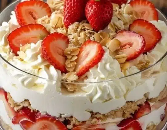 Strawberry Cheesecake Trifle with layers of cheesecake and strawberries