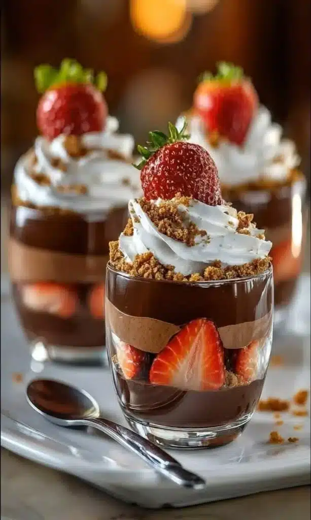 Strawberry chocolate mousse parfait layered with fresh strawberries and chocolate cream