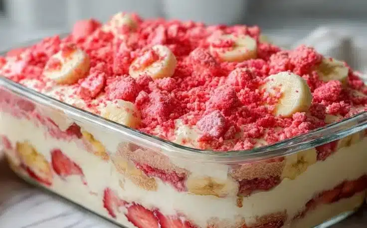 Delicious Strawberry Crunch Banana Pudding layers with strawberries and crunchy topping