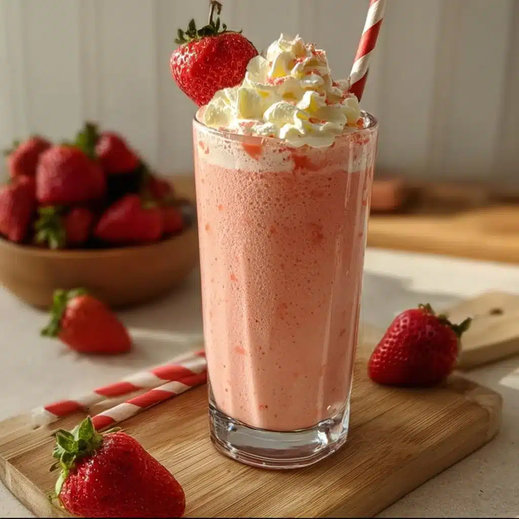 Refreshing strawberry milkshake in a glass with strawberries and whipped cream