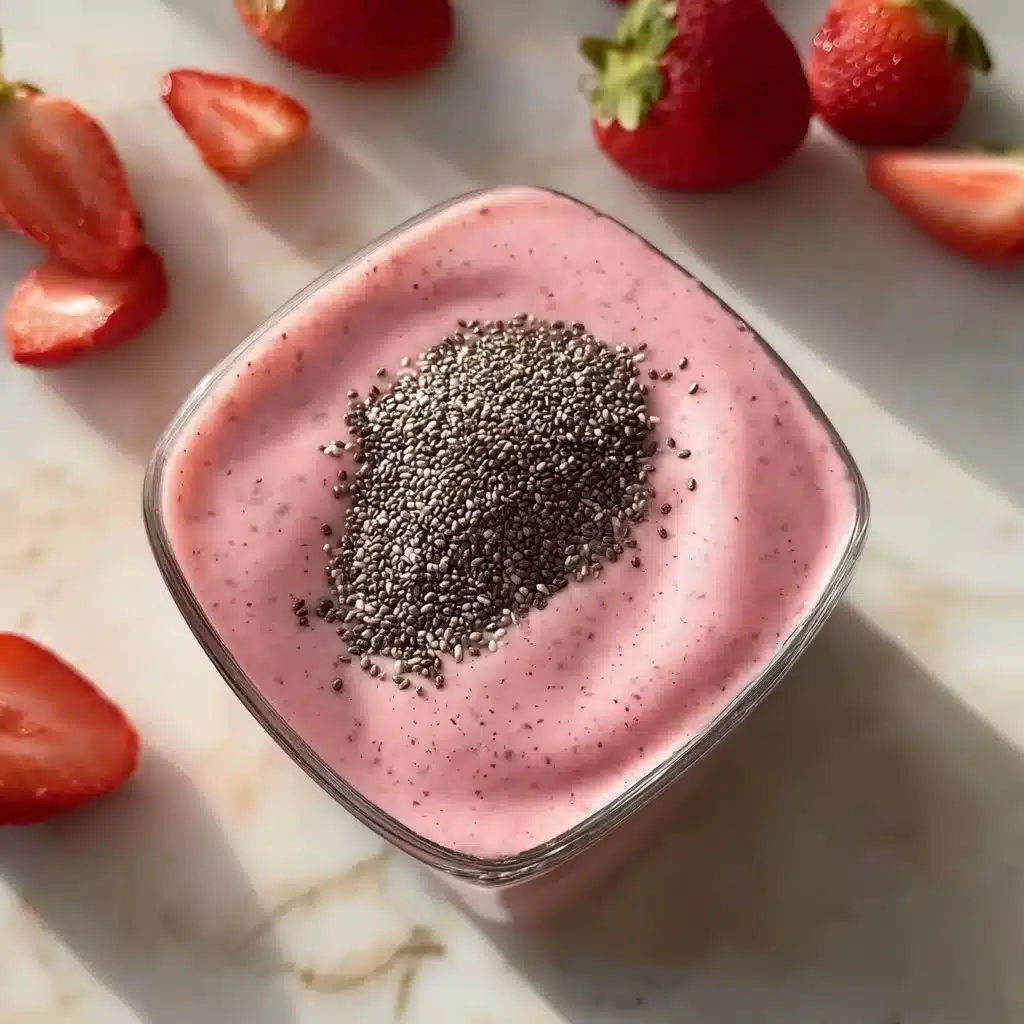 Strawberry milkshake chia pudding topped with fresh strawberries