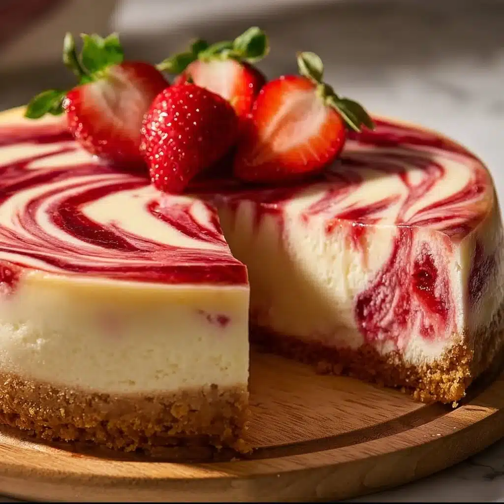 Delicious homemade strawberry swirl cheesecake with creamy layers and vibrant swirls.