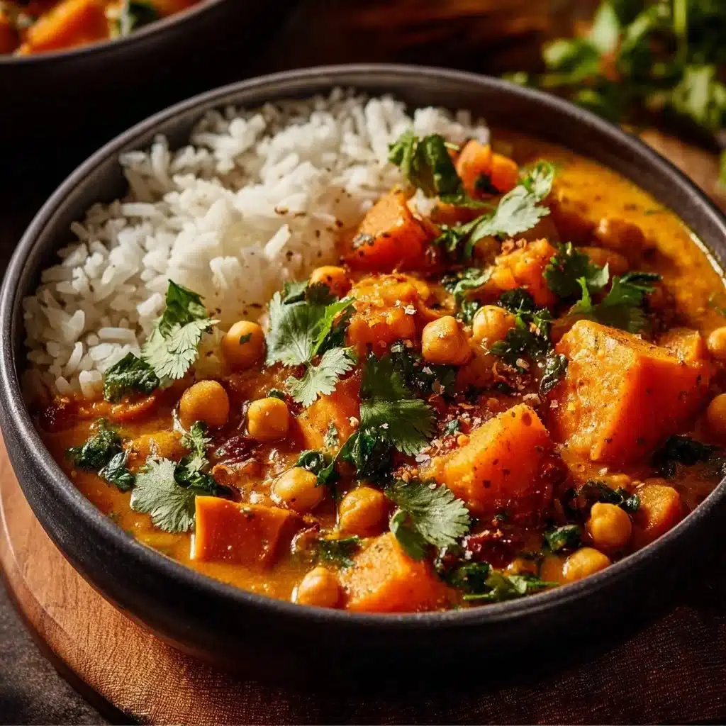 Sweet potato and chickpea curry served in a bowl