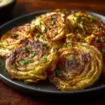 Delicious roasted cabbage steaks served on a plate with seasonings.