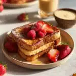 Delicious plate of ultimate French toast topped with fresh berries and syrup.