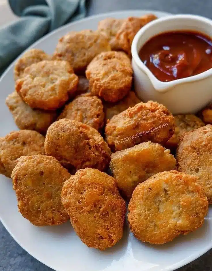 Delicious Tofu McNuggets served with spicy BBQ dip for a vegan snack