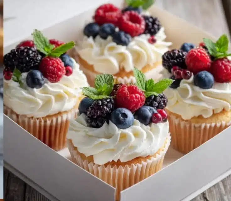Vanilla berry cupcakes with whipped cream frosting on a rustic table