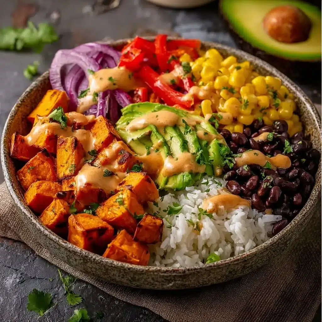 Vegan sweet potato burrito bowl with colorful vegetables and spices