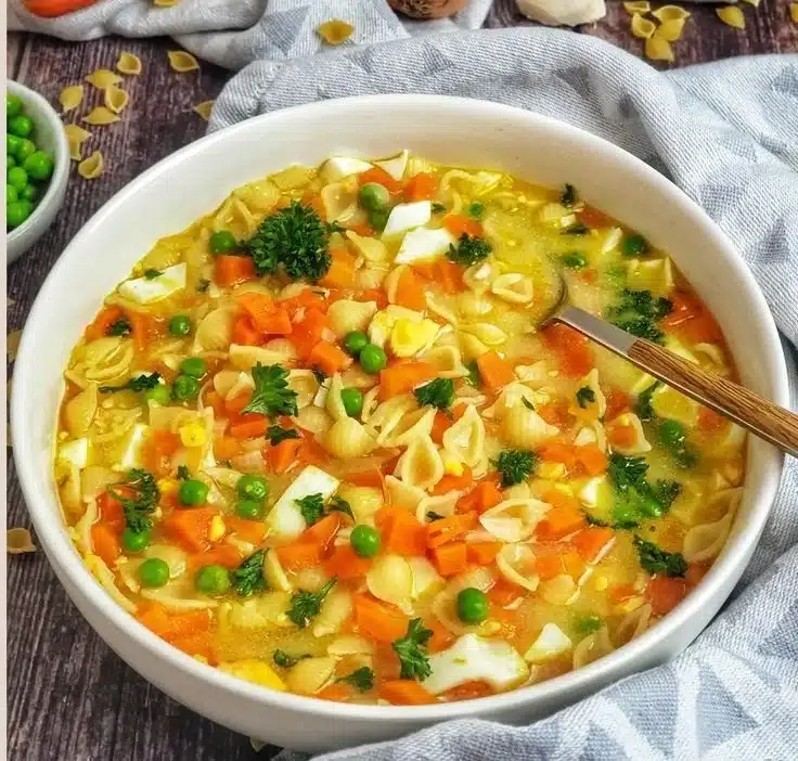 Bowl of vibrant vegetable noodle soup with fresh vegetables and herbs