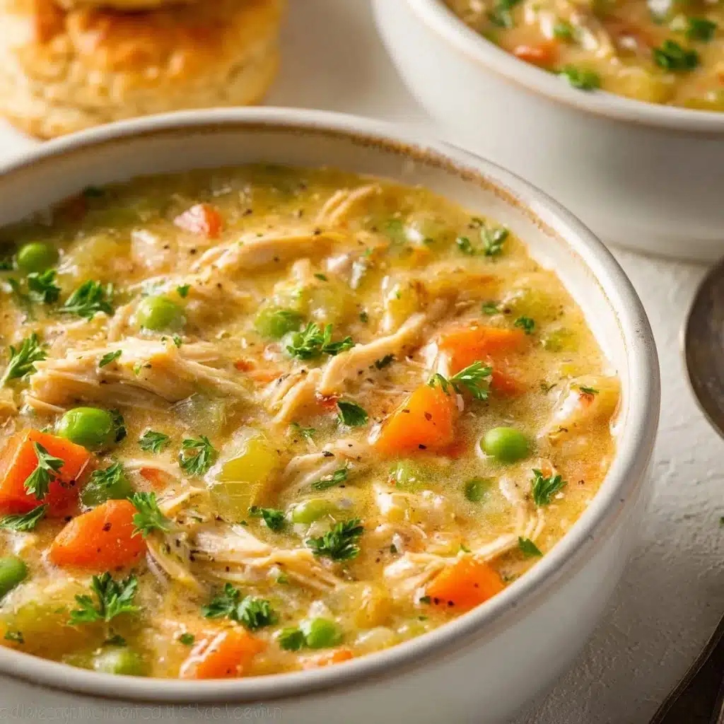 Bowl of warm chicken pot pie soup garnished with herbs and flaky crust pieces