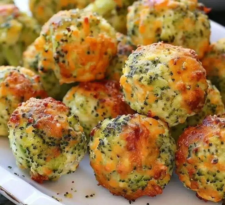 Baked broccoli cheese balls on a plate with dipping sauce