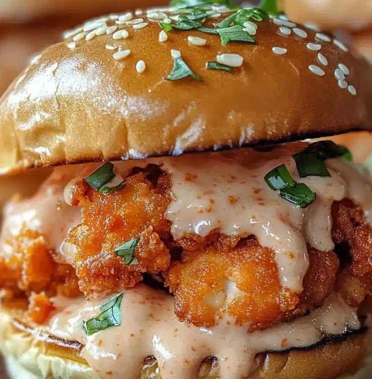 Bang Bang Chicken Sliders topped with spicy sauce and fresh veggies