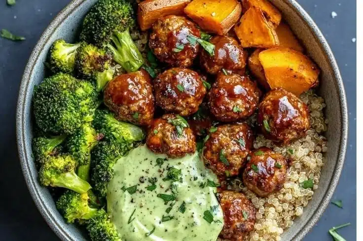 Barbecue Meatball Bowls with Avocado Goddess Sauce