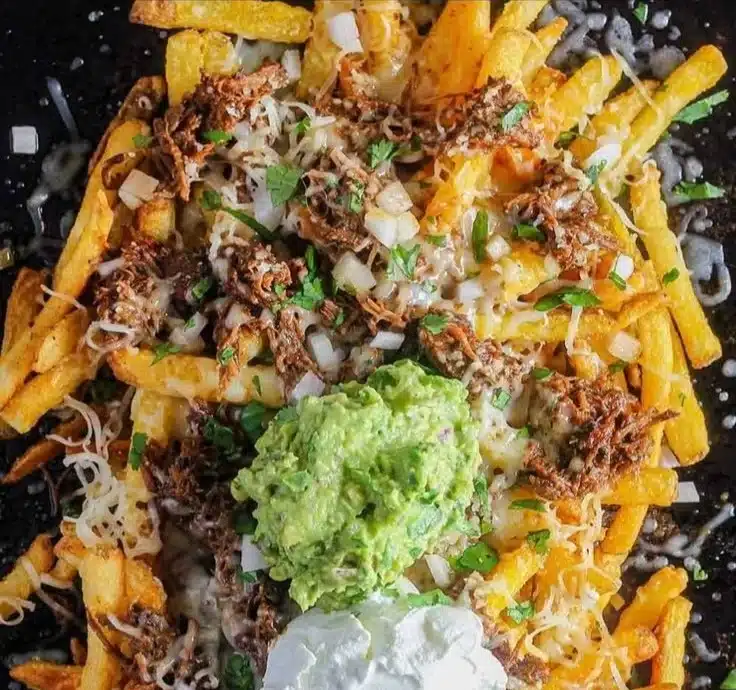 Delicious birria fries topped with tender beef and cheese, served hot and crispy.