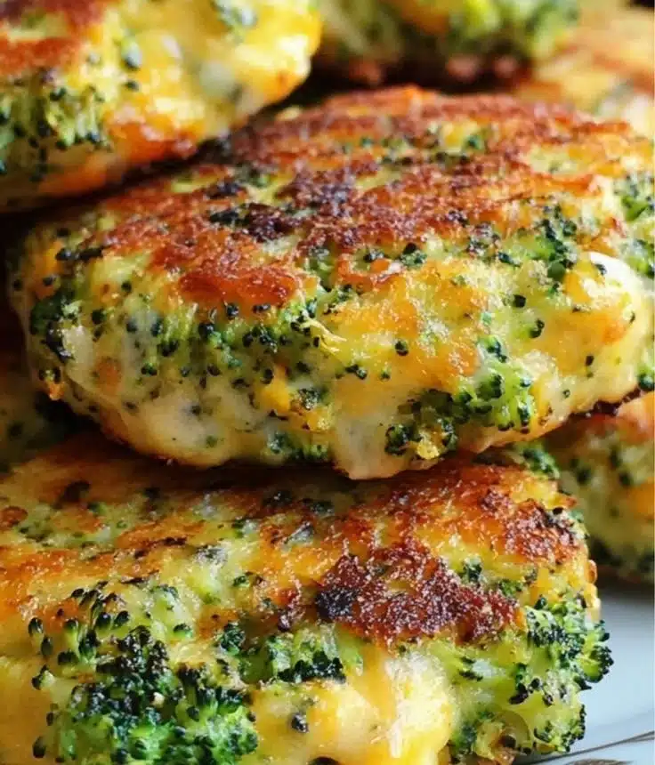 Homemade broccoli cheese patties on a plate, garnished with herbs