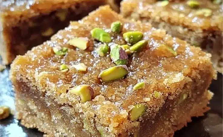 Delicious brown butter and honey pistachio cookie bars on a plate
