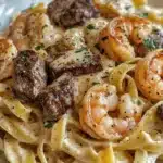 Cajun shrimp steak Alfredo pasta served in a creamy sauce with spices.